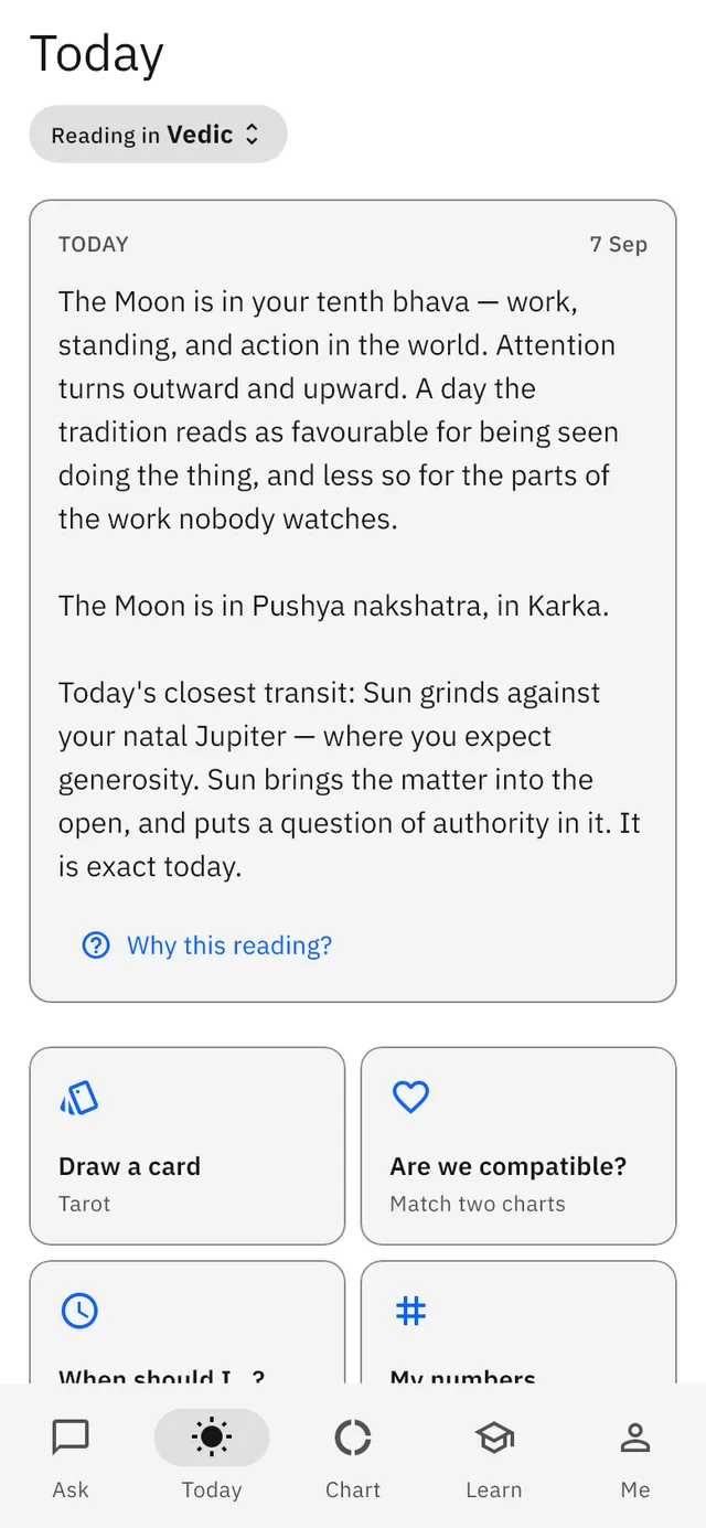 Today screen with a daily reading and a link to why