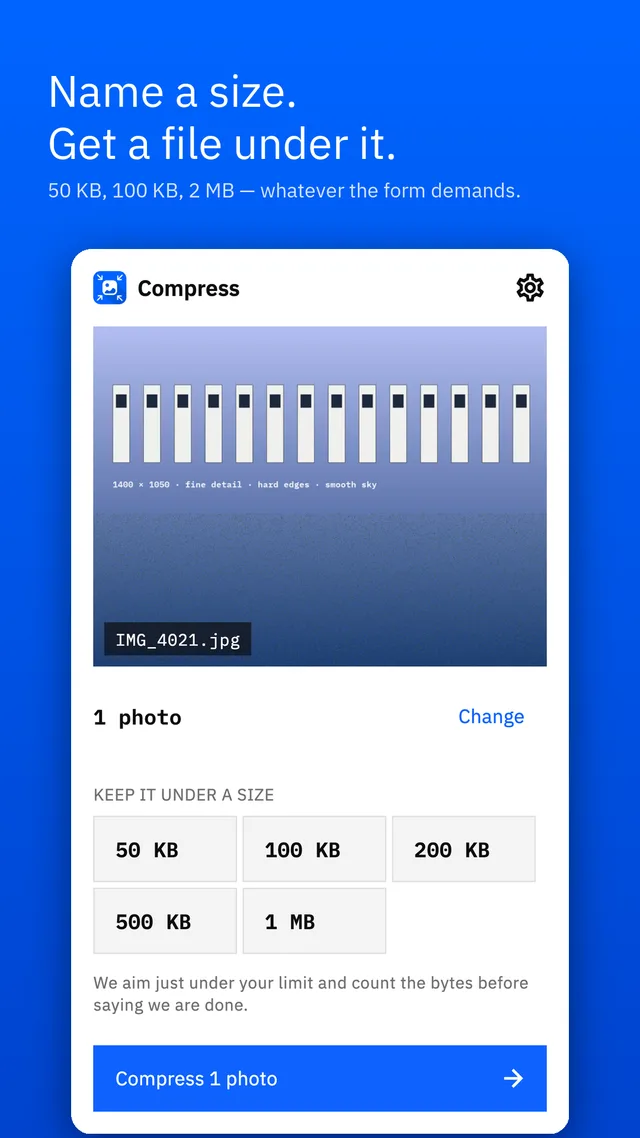 Compress screen with size targets of 50 KB, 100 KB, 200 KB, 500 KB and 1 MB